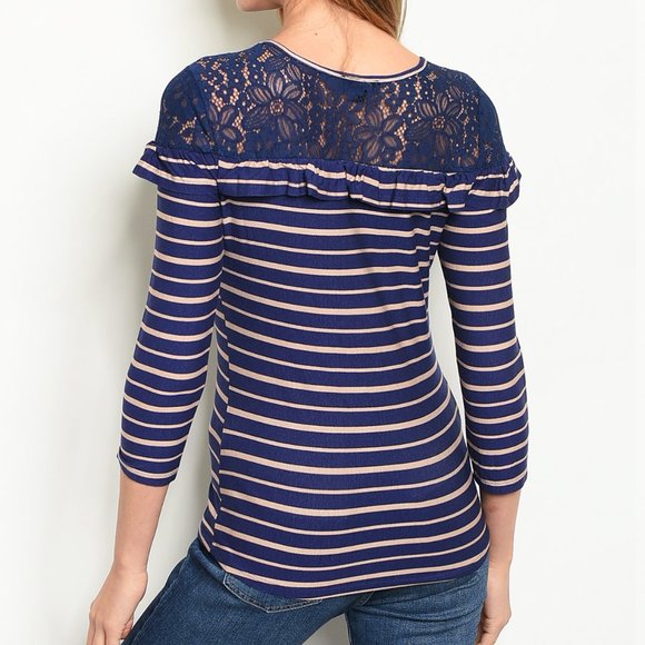 Navy Blue Tan Stripe Lace Ruffle Soft Stretch Top - Picture 3 of 7